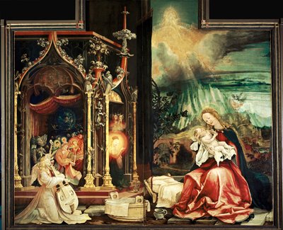 Enkelten konsertti (maalaus limewood) tekijältä Matthias Gruenewald