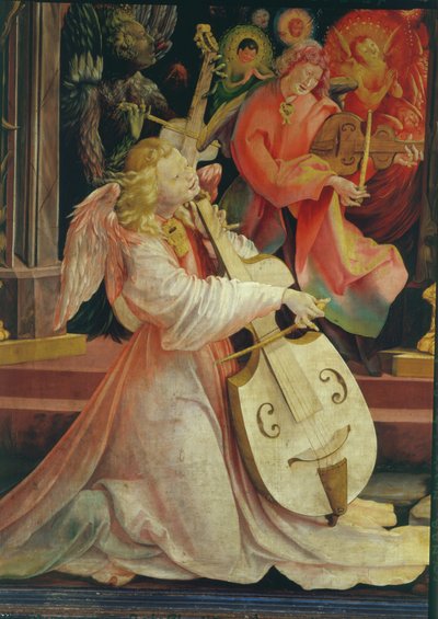 Enkelten konsertti, Isenheimin alttaritaulusta, n.1512-16 öljy paneelille yksityiskohta vuodelta 17670. tekijältä Matthias Grünewald