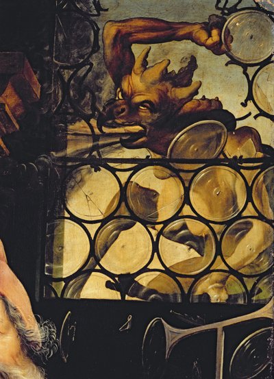 Paholainen hyökkää ikkunan kimppuun, yksityiskohta Isenheimin alttaritaulun Pyhän Antoniuksen erakosta, noin 1512-16. tekijältä Matthias Grünewald