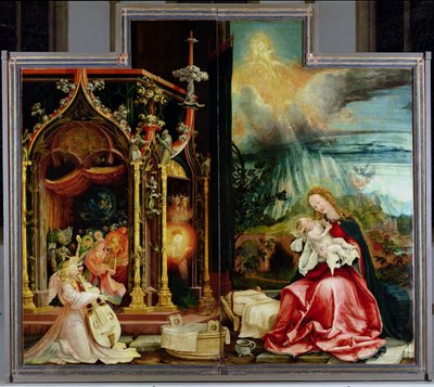 Isenheimin alttaritaulu. Keskuspaneeli: Enkelien ja syntymän konsertti, 1506-1515 tekijältä Matthias Grünewald