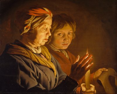 Vanha nainen ja poika kynttilänvalossa, 1630-1650 tekijältä Matthias Stomer