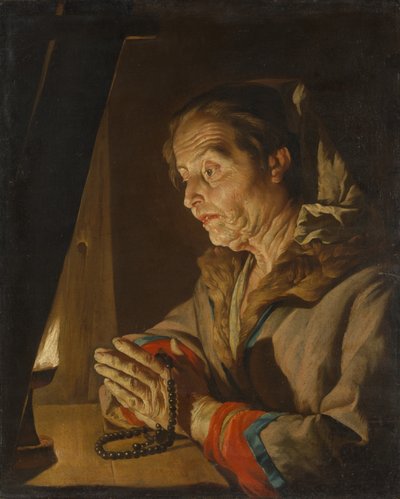 Vanha nainen rukoilee, 1630-luvun loppu tai 1640-luvun alku. tekijältä Matthias Stomer