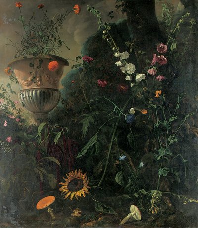 Hollyhocks, ruusut, sininen pitsikukka, auringonkukka ja myrkkysienet, kehäkukka uurnassa puun vieressä tekijältä Matthias Withoos