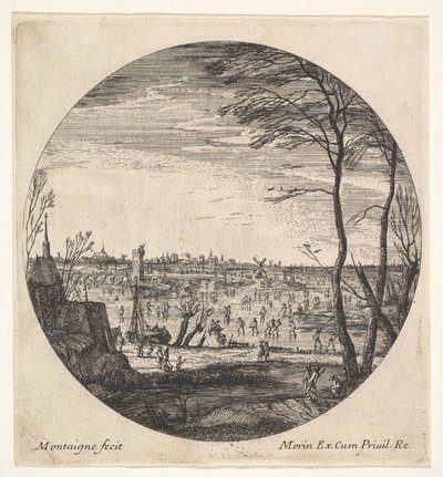 Talvimaisema, jossa taitoluistelijat jäätyneellä vesistöllä roundel-komposissa..., n. 1625-60. tekijältä Matthijs van Plattenberg