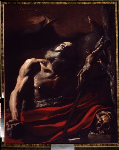 Pyhä Jerome. Mattia Preti Il Cavaliere Calabresen (1613-1699) maalaus (Vanita). Öljy kankaalle. Italialaista taidetta, barokkityyliä. Oranienbaumin palatsimuseo Lomonosovissa, Venäjällä. tekijältä Mattia Preti