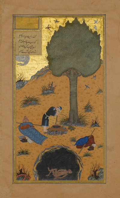 Kuinka Braggart hukkui kaivoon, Folio 33v Haft Paikarista..., n. 1430. tekijältä Maulana Azhar