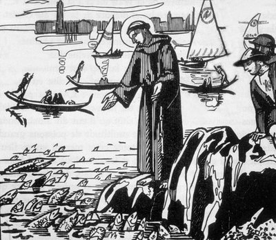 São Francisco de Assis pregando aos peixes em Rimini, gravado por Jacques Beltrand após desenho de Maurice Denisfinnish tekijältä Maurice (after) Denis