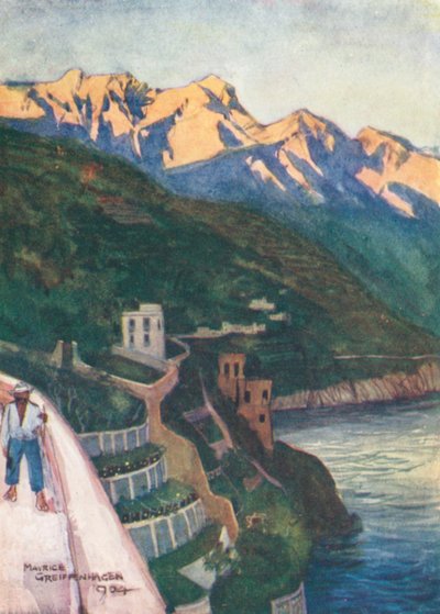 Minori auringonlaskun aikaan (värilitro) tekijältä Maurice (after) Greiffenhagen