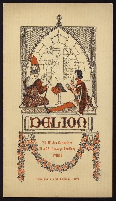 Kansikuva Delionin Pariisissa vuonna 1908 julkaisemaan hattuluetteloon (litho) tekijältä Maurice Berty