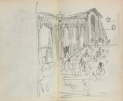 Italialainen luonnoskirja: Silta hahmoilla, sivut 95 ja 96, 1898-1899. tekijältä Maurice Brazil Prendergast