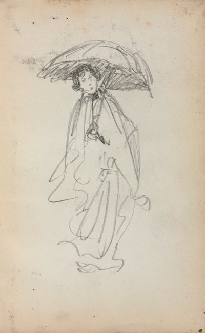 Italialainen luonnoskirja: Seisova nainen päivänvarjolla sivu 259, 1898-1899. tekijältä Maurice Brazil Prendergast