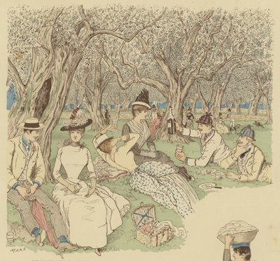 Piknik oliivipuiden alla Beaulieussa Etelä-Ranskassa (värilitho) tekijältä Maurice Charles Mathieu Bonvoisin