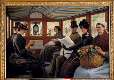 Omnibussissa Matkustajat asettuvat omnibussiin. Maurice Delondren maalaus (1800-luku) 1890 Su. 0,66x0,94 m Pariisi, Musee Carnavalet tekijältä Maurice Delondre