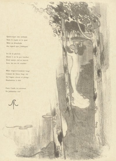 Kuvitus alaston naisesta seisovasta puiden välissä järven rannalla runolla Petit Air Stéphane Mallarmé Kuvitus Stéphane Mallarmé Petit Air -sonetista L