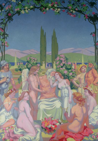 Jupiter jumalten läsnäollessa myöntää kuolemattomuuden psyykelle ja juhlii avioliittoaan Cupidon kanssa, 1908 tekijältä Maurice Denis