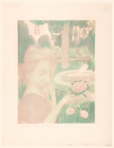Nuori nainen saa kukkakimpun puutarhassa Le bouquet matinal, les larmes... (otsikko esineessä) Rakkauden esitykset (sarjan nimi) Rakkaus (sarjan nimi) tekijältä Maurice Denis