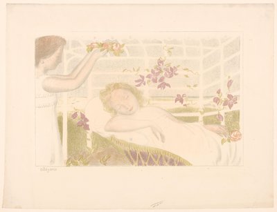 Nukkuva tyttö saa kukkasppeleen Allegoria (otsikko esineessä) Rakkauden esitykset (sarjan nimi) Rakkaus (sarjan nimi) tekijältä Maurice Denis