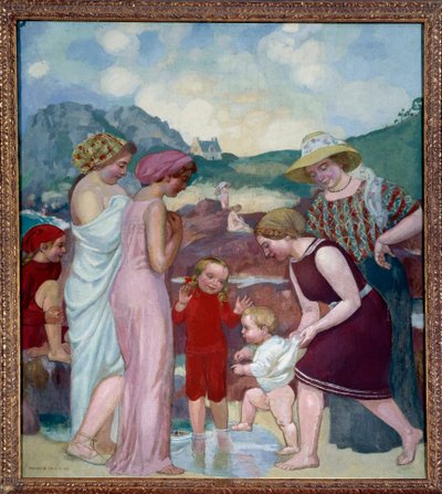 Ensimmäiset askeleet. Nuori poika ottaa ensimmäiset askeleensa äitinsä ja perheensä edessä tekijältä Maurice Denis