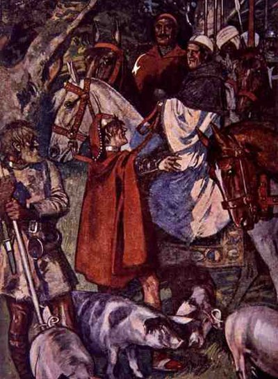 "Kunnioituksenne on pysyttävä tällä polulla, kunnes tulet upotettuun ristiin", kuvitus "Ivanhoe pojille ja tytöille", uudelleen kertonut Alice Jackson, pubi. 1924 (litho) tekijältä Maurice Greiffenhagen