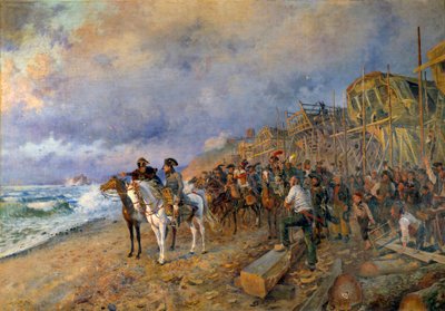 Ensimmäinen konsuli Napoleon Bonaparte (1769-1821) vierailee Maurice Orangen (1868-1916) Boulogne-maalauksen arsenaalissa 1804 (Aurinko: 214x304 cm) Paris, Musee de l