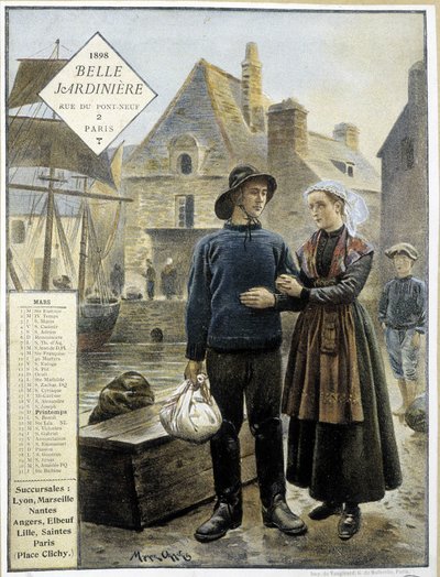 Bretonilaisten kalastajien lähtö Newfoundlandiin - kauppakalenteri” La Belle Jardinière”” tekijältä Maurice Henri Orange