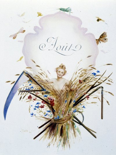 Elokuu ""Kuukauden laulu"", kirjoittanut Jérôme Doucet, kuvitus - Maurice Leloir, toim. Reims 1904. L. Michaud tekijältä Maurice Leloir