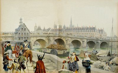 Ranskan historia: Hänen poikansa Ludvig XIII karkoitti Bloisin linnaan, Marie de Medicis (1575-1642) ja hänen sviittinsä lähtivät Pariisista vuonna 1617. Maurice Leloirin (1853-1940) kuvitus "" Richelieussa"" tekijältä Maurice Leloir