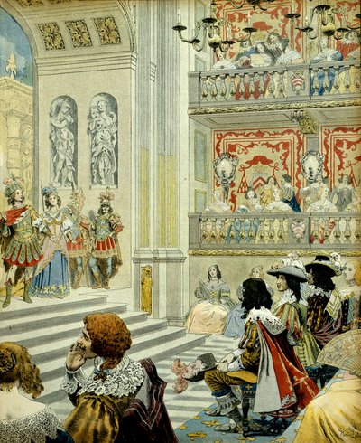 Ranskan historia: esitys kardinaalin palatsin (nykyisen kuninkaallisen palatsin) teatterissa Mirame-teoksesta, joka on kardinaali Richelieun (Armand Jean du Plessis) vuonna 1641 kirjoittama sankarillinen komedia. tekijältä Maurice Leloir