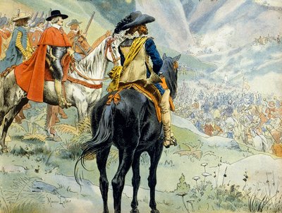 Ranskan historia: Mantovan peräkkäissota (1628-1631) kolmikymmenvuotisen sodan aikana. Pas de Suzen (Susa) taistelu, joka edusti kuningas Ludvig XIII:ta (1601-1643) ja kardinaali Richelieu (Armand Jean du Plessis) tekijältä Maurice Leloir