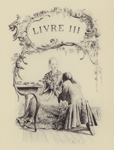 Kuvitus kirjaan III Jean-Jacques Rousseaun tunnustuksista (kaiverrus) tekijältä Maurice Leloir