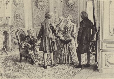 Kuvitus kirjaan XI Jean-Jacques Rousseaun tunnustuksista (kaiverrus) tekijältä Maurice Leloir