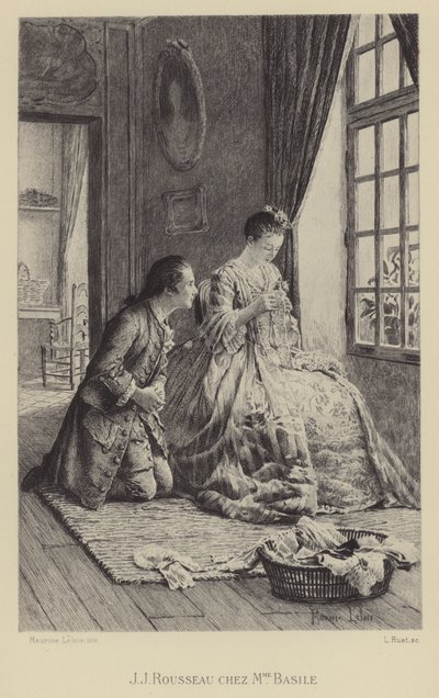 Jean-Jacques Rousseau Madame Basilen talossa (syväpaino) tekijältä Maurice Leloir