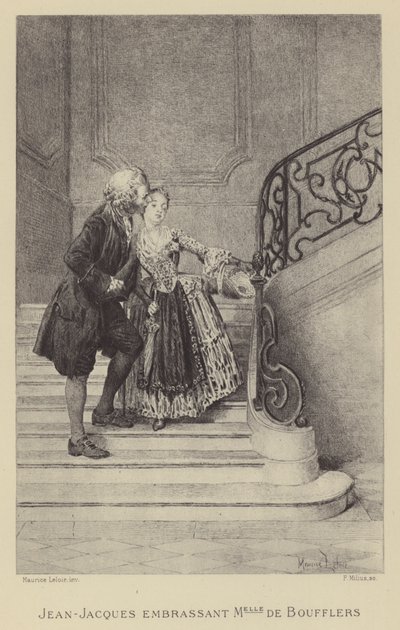 Jean-Jacques Rousseau suutelee Madame de Boufflersia (kaiverrus) tekijältä Maurice Leloir