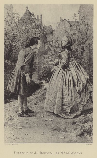 Jean-Jacques Rousseaun ja Madame de Warensin tapaaminen (kaiverrus) tekijältä Maurice Leloir