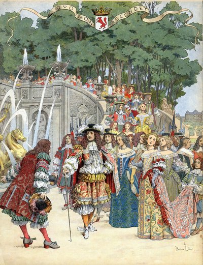 Nicolas Fouquet vastaanottaa Englannin kuninkaan Ludvig XIV:n Vaux Le Vicomten linnassaan Ranskassa 17. elokuuta tekijältä Maurice Leloir