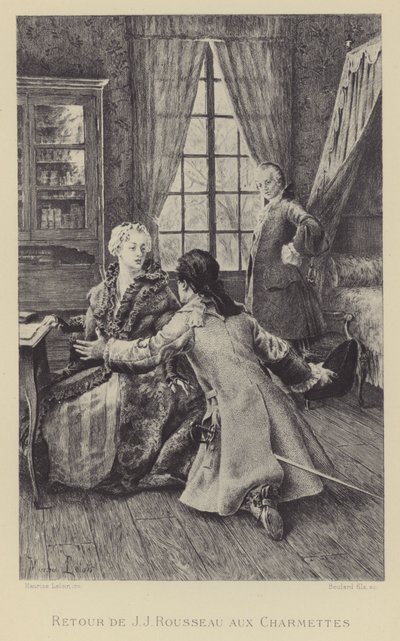 Jean-Jacques Rousseaun paluu Les Charmettesiin (kaiverrus) tekijältä Maurice Leloir