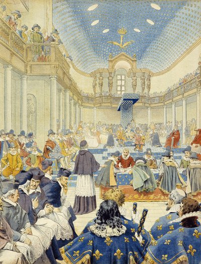 Richelieu piti puheen virkailijan nimissä osavaltioiden kenraalien vuoden 1614 päätöskokouksessa - Maurice Leloirin "Richelieussa". tekijältä Maurice Leloir