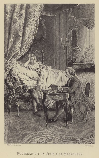 Rousseau lukee romaaniaan Julie to la Marechale (syväpaino) tekijältä Maurice Leloir