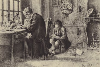 Nuori Jean-Jacques Rousseau lukee, kun hänen isänsä työskentelee (syväpaino) tekijältä Maurice Leloir