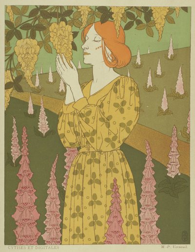 Cytises ja Digitales - Nainen, jolla on Wisteria ja Foxgloves (väri litho) tekijältä Maurice Pillard Verneuil