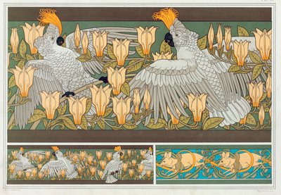 Suunnittelu tapettireunukseen Cockatoo ja Magnolia, pub. 1897. tekijältä Maurice Pillard Verneuil