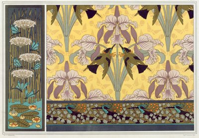 Suunnittelu tapettireunukselle, kankaalle ja paneelille: Dragonflies, Waterlillies ja Flowering Rush, pubi. tekijältä Maurice Pillard Verneuil