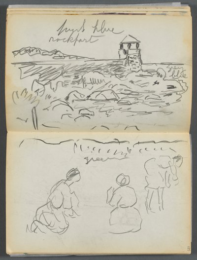 Luonnoskirja - Granite Shore Hotel, Rockport, sivu 124 ja 125: Rockportin majakka ja hahmot rannalla. tekijältä Maurice Prendergast