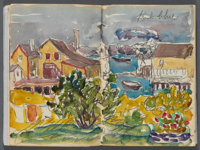 Luonnoskirja - Granite Shore Hotel, Rockport, sivu 128 ja 129: Talot satamassa tekijältä Maurice Prendergast
