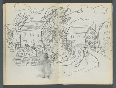 Luonnoslehti, The Dells, nro 127, sivu 102  103: Maisema, jossa on taloja ja tie. tekijältä Maurice Prendergast