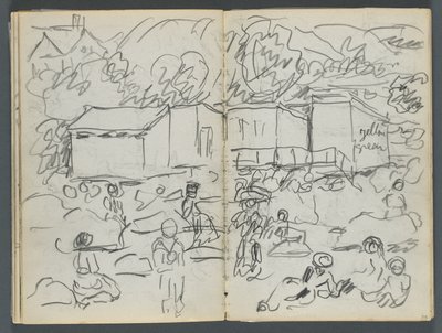 Luonnoslehti, The Dells, nro 127, sivu 114  115: Maisema, jossa on hahmoja ja rakennuksia. tekijältä Maurice Prendergast