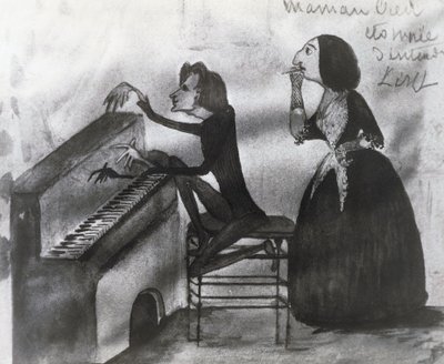Franz Lisztin (1811-1886) ja George Sandin (1804-1876) karikatyyri Nohantissa vuonna 1832, Maurice Sandin (1825-1889) piirustus tekijältä Maurice Sand