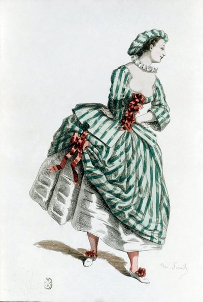 Colombinen (corallina) puku ja naamio vuonna 1855, naishahmo commedia dell