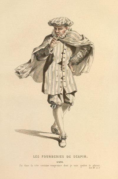 Puku Scapinin rooliin, noin 1868 (kaiverrus). tekijältä Maurice Sand