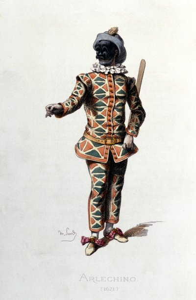 Harlekiini vuonna 1671. Maurice Sand "" Naamiot ja naamiot"" Pariisi 1800-luku. (Maurice Sand oli George Sandin poika). tekijältä Maurice Sand